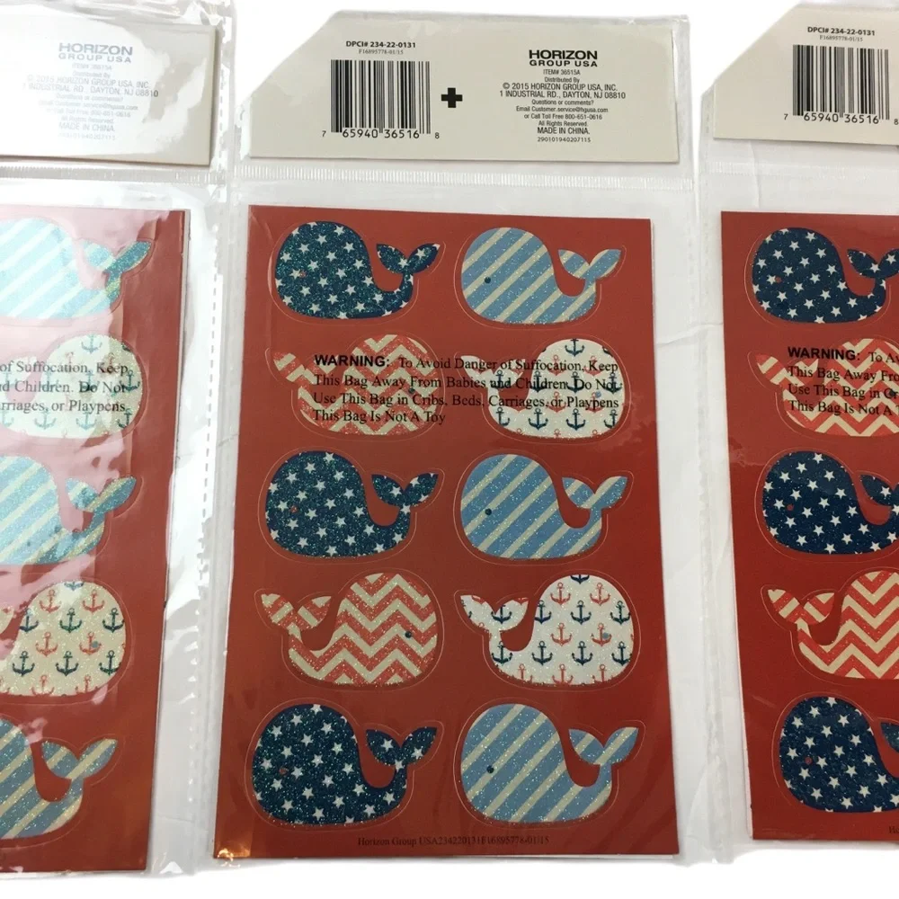 Patriotic Whale Glitter Stickers July 4th Stars Stripes Chevron 60 Total NEW